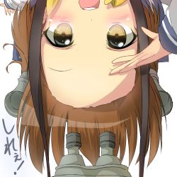Rule 34 | 10s, 1girl, :d, binoculars, brown eyes, brown hair, forehead, hairline, highres, kantai collection, looking at viewer, open mouth, pentagon (railgun ky1206), salute, short hair, simple background, smile, solo, translation request, upside-down, white background, yukikaze (kancolle)