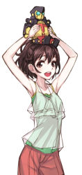 Rule 34 | 10s, 1girl, :d, armpits, arms up, bad id, bad pixiv id, casual, matsuryuu, object on head, open mouth, robot, robotics;notes, senomiya akiho, short hair, simple background, smile, solo, white background