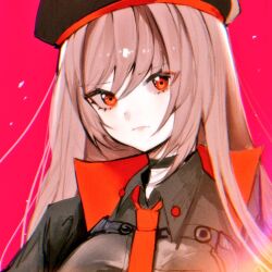 Rule 34 | 1girl, beret, bisaytin, black hat, black jacket, black shirt, closed mouth, collared shirt, frown, goddess of victory: nikke, hat, jacket, light brown hair, long hair, looking at viewer, necktie, orange eyes, rapi (nikke), red jacket, red necktie, shirt, solo, two-sided fabric, two-sided jacket