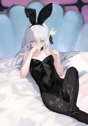 Rule 34 | 1girl, absurdres, animal ears, bed, black hairband, black leotard, black ribbon, chinese commentary, commentary request, covering own mouth, cum, cum on legs, fake animal ears, firefly (honkai: star rail), fishnet pantyhose, fishnets, hair ribbon, hairband, hands up, highres, honkai: star rail, honkai (series), leotard, looking to the side, lying, on back, pantomime, pantyhose, playboy bunny, rabbit ears, ribbon, shell, solo, variant set
