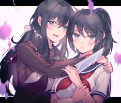 Rule 34 | 2girls, aged down, aicedrop, ayano aishi, black eyes, black hair, blood, blue sailor collar, breasts, brown sailor collar, brown serafuku, colored blood, expressionless, heart on cheek, holding, holding knife, hug, knife, letterboxed, long sleeves, looking at viewer, low ponytail, medium breasts, mother and daughter, multiple girls, neckerchief, pink blood, ponytail, red neckerchief, ryoba aishi, sailor collar, school uniform, serafuku, short sleeves, signature, smile, time paradox, white neckerchief, yandere simulator