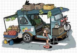 Rule 34 | 1girl, backpack, bag, banana, box, brown hair, cat, food, fruit, fruit stand, grapes, highres, melon, motor vehicle, motorcycle, original, polyester putty, scales, shirt, shoes, short hair, skirt, sneakers, t-shirt, truck