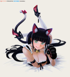 Rule 34 | 1girl, animal ear fluff, animal ears, animal hands, armband, bed sheet, bell, black bow, black footwear, black hair, black panties, blunt bangs, bow, breasts, cat ears, cat girl, cat tail, closed mouth, etama quomo, eyelashes, eyeshadow, fang, fang out, frills, green eyes, high heels, long hair, looking at viewer, makeup, mole, mole on breast, neck bell, original, panties, paw print, pink lips, purple eyeshadow, red bow, signature, solo, tail, tail bow, tail ornament, thighhighs, tongue, tongue out, twintails, underwear, white thighhighs