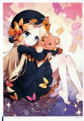 Rule 34 | 1girl, abigail williams (fate), absurdres, barefoot, black bow, black dress, black hat, blonde hair, bloomers, blue eyes, bow, bug, butterfly, dress, fate/grand order, fate (series), forehead, hair bow, hat, head tilt, highres, hugging object, insect, long hair, long sleeves, orange bow, parted bangs, parted lips, pink bow, polka dot, polka dot bow, red bow, sitting, sleeves past wrists, solo, sparkle, stuffed animal, stuffed toy, teddy bear, toenails, underwear, very long hair, white bloomers, zinno