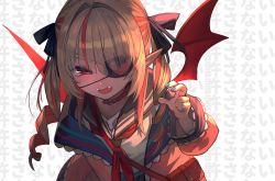 Rule 34 | 1girl, text background, blonde hair, blunt bangs, commentary request, eyepatch, eyes visible through hair, fangs, highres, lack, looking at viewer, makaino ririmu, multicolored hair, nijisanji, official art, open mouth, pointy ears, red eyes, red hair, simple background, solo, streaked hair, tongue, translation request, twintails, two-tone hair, upper body, virtual youtuber, white background, wings