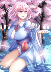 Rule 34 | 1girl, blue kimono, breasts, cherry blossoms, commentary request, frilled kimono, frills, highres, japanese clothes, kimono, large breasts, long sleeves, mirufui, no headwear, open mouth, outdoors, pink eyes, pink hair, saigyouji yuyuko, short hair, sitting, solo, touhou, wading, wide sleeves