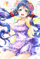 Rule 34 | 10s, 1girl, breasts, cleavage, flower, green eyes, hair flower, hair ornament, keepout, large breasts, long hair, love live!, love live! school idol festival, love live! school idol project, open mouth, purple hair, simple background, smile, solo, tojo nozomi, twintails