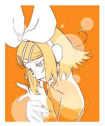 Rule 34 | 1girl, blonde hair, blue eyes, bow, bubble, collarbone, commentary, earphones, flat chest, hair bow, hair ornament, hairclip, half-closed eyes, headset, highres, kagamine rin, looking down, nail polish, nude, orange background, parted lips, sen (aypj8447), short hair, solo, underwater, vocaloid, yellow nails