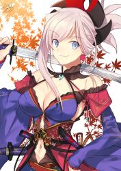 Rule 34 | 1girl, asymmetrical hair, autumn leaves, blue eyes, blue kimono, closed mouth, clothing cutout, cowboy shot, detached sleeves, earrings, fate/grand order, fate (series), hair ornament, highres, holding, holding sword, holding weapon, japanese clothes, jewelry, katana, kimono, leaf print, looking at viewer, magatama, maple leaf print, miyamoto musashi (fate), miyamoto musashi (third ascension) (fate), navel cutout, nikame, obi, over shoulder, pink hair, ponytail, sash, sleeveless, sleeveless kimono, smile, solo, sword, weapon, weapon over shoulder, wide sleeves