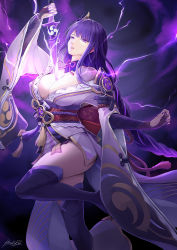 Rule 34 | 1girl, armor, braid, breasts, bridal gauntlets, cleavage, commentary, electricity, english commentary, flower, genshin impact, hair ornament, highres, hiroki ree, holding, holding sword, holding weapon, human scabbard, japanese clothes, kimono, large breasts, leg up, long hair, long sleeves, looking at viewer, mitsudomoe (shape), mole, mole under eye, nail polish, purple eyes, purple flower, purple hair, purple nails, raiden shogun, ribbon, sash, shoulder armor, solo, sword, tassel, thighhighs, tomoe (symbol), weapon, wide sleeves