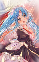 Rule 34 | 1girl, :d, black dress, blue eyes, blue hair, blush, commission, dainatsu, dress, forehead jewel, gem, highres, light blue hair, long sleeves, looking at viewer, maid headdress, necktie, open mouth, pixiv commission, pointy ears, puffy long sleeves, puffy sleeves, rance (series), red gemstone, red necktie, reset kalar, skirt hold, smile, solo