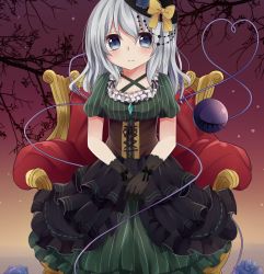 Rule 34 | 1girl, adapted costume, black gloves, blue rose, bow, chair, corset, flower, gloves, grey eyes, hat, hat bow, heart, heart of string, highres, komeiji koishi, lace, lace gloves, lolita fashion, mini hat, mini top hat, puffy short sleeves, puffy sleeves, rose, shirt, short sleeves, silver hair, sitting, skirt, solo, third eye, top hat, touhou, yuria (kittyluv)
