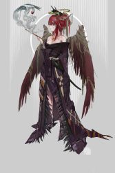 Rule 34 | 1girl, bandages, bandaged arm, bandaged hand, bandages, bare shoulders, commentary, creature, feathered wings, feathers, full body, hair ornament, halo, highres, holding, holding smoking pipe, japanese clothes, long sleeves, off shoulder, original, smoking pipe, red eyes, red hair, red wings, sheath, sheathed, smoke, smoking, sword, toriseka, torn wings, weapon, wide sleeves, wings