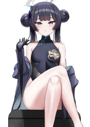 Rule 34 | 1girl, absurdres, armpits, black dress, black hair, blue archive, blush, braid, braided bun, breasts, butterfly hair ornament, china dress, chinese clothes, coat, crossed legs, double bun, dragon print, dress, green eyes, hair bun, hair ornament, halo, highres, jacket, kisaki (blue archive), long hair, looking at viewer, no panties, pelvic curtain, pinstripe jacket, pinstripe pattern, print dress, s redbutterfly, simple background, sitting, small breasts, solo, striped clothes, striped coat, striped jacket, twintails, vertical-striped clothes, vertical-striped coat, vertical-striped jacket, white background