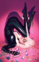 Rule 34 | 1girl, black bodysuit, black cat, black cat (marvel), blue eyes, bodysuit, breasts, cat, claws, cleavage, coin, domino mask, felicia hardy, gem, highres, jewelry, jswayart, long hair, looking at viewer, marvel, mask, medium breasts, necklace, solo, spider-man (series), upside-down, white hair