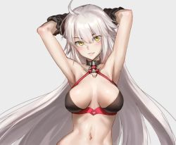 Rule 34 | 1girl, ahoge, armpits, arms up, athenawyrm, bikini, bikini top only, black bikini, choker, clothes lift, fate/grand order, fate (series), grey background, grin, halterneck, jeanne d&#039;arc alter (swimsuit berserker) (fate), jeanne d&#039;arc (fate), jeanne d&#039;arc alter (fate), jeanne d&#039;arc alter (swimsuit berserker) (fate), long hair, looking at viewer, navel, o-ring, o-ring bikini, o-ring top, shirt lift, silver hair, simple background, smile, solo, swimsuit, undressing, yellow eyes