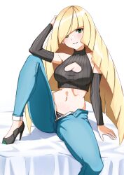 Rule 34 | 1girl, absurdres, arm warmers, bare shoulders, black footwear, blonde hair, blue pants, breasts, cleavage, cleavage cutout, clothing cutout, commentary, commission, creatures (company), crop top, foot out of frame, game freak, green eyes, heart cutout, high heels, highres, long hair, looking at viewer, lusamine (pokemon), medium breasts, midriff, nintendo, pants, pokemon, pokemon sm, sitting, smile, solo, sweater vest, vneckstore