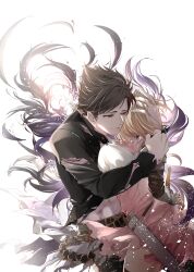 Rule 34 | 1boy, 1girl, absurdres, backlighting, belial (granblue fantasy), belt, black hair, black pants, black shirt, black thighhighs, blonde hair, closed mouth, cowboy shot, djeeta (granblue fantasy), dress, gloves, granblue fantasy, hand on another&#039;s head, highres, hug, injury, looking at another, marorincho, messy hair, pants, pink dress, red eyes, scabbard, sheath, shirt, short dress, short hair, simple background, smile, stab, standing, sword, thighhighs, torn clothes, weapon, white background, zettai ryouiki