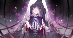 Rule 34 | 1girl, akemi homura, akemi homura (black dress), bai qi-qsr, black hair, black ribbon, blood, blood on clothes, character name, collared shirt, commentary, crying, crying with eyes open, english commentary, floating, highres, long hair, mahou shoujo madoka magica, mahou shoujo madoka magica: hangyaku no monogatari, open hands, pale skin, parted lips, purple eyes, red ribbon, ribbon, shaded face, shirt, short sleeves, solo, tears