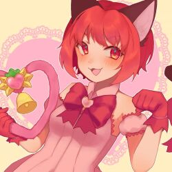 Rule 34 | 1girl, :3, animal ear fluff, animal ears, bare shoulders, bell, bob cut, bow, bowtie, breasts, brooch, cat ears, cat girl, cat tail, collared dress, detached sleeves, dress, fangs, female focus, gloves, hands up, happy, heart, heart background, highres, holding, holding heart, jewelry, looking at viewer, matching hair/eyes, mew ichigo, momomiya ichigo, narvi, open mouth, outline, paw pose, pink background, pink dress, pink gemstone, red bow, red bowtie, red eyes, red gloves, red hair, short hair, short sleeves, sidelocks, sleeveless, sleeveless dress, small breasts, smile, solo, standing, tail, tokyo mew mew new, two-tone background, upper body, white outline