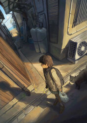 Rule 34 | 1girl, absurdres, air conditioner, alley, anko1127, backpack, bag, black cat, black scarf, blue skirt, blue sky, brown cardigan, brown footwear, brown hair, building, cardigan, cat, cloud, day, highres, holding, holding bag, house, original, outdoors, scarf, scenery, shopping bag, short hair, skirt, sky, solo, urban