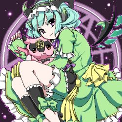 Rule 34 | 1girl, astaroth (p&amp;d), bad id, bad pixiv id, bow, cauchemar (p&amp;d), demon girl, demon horns, detached sleeves, dress, frilled dress, frills, green bow, green dress, hairband, horns, long sleeves, lowres, magic circle, outline, pentagram, pn2 maru, puffy long sleeves, puffy sleeves, purple eyes, purple ribbon, puzzle &amp; dragons, ribbon, short hair, smile, solo, wings