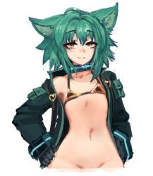 Rule 34 | 1girl, :3, ahoge, animal ears, barbariank, bikini, bikini top only, black gloves, blush, bottomless, commentary, english commentary, eyes visible through hair, flat chest, gloves, green hair, gremlin (monster girl encyclopedia), groin, hair between eyes, hands on own hips, jacket, looking at viewer, medium hair, monster girl encyclopedia, navel, open clothes, open jacket, out-of-frame censoring, simple background, sketch, smile, solo, swimsuit, white background, yellow eyes