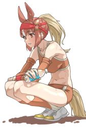Rule 34 | 1girl, absurdres, animal ears, bare shoulders, blonde hair, bottle, breasts, bridle, brown buruma, brown eyes, brown hair, brown sports bra, buruma, chestnut thoroughbred (kemono friends), commentary, detached sleeves, extra ears, full body, highres, horizontal pupils, horse ears, horse girl, horse tail, kemono friends, kneehighs, long hair, looking away, medium breasts, midriff, multicolored hair, navel, plastic bottle, ponytail, simple background, socks, solo, sports bra, squatting, sweat, tail, tanabe (fueisei), two-tone hair, water bottle, white background, wristband