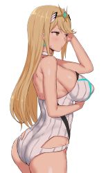 Rule 34 | 1girl, ass, bare shoulders, blonde hair, blush, breasts, covered erect nipples, gomu (chewinggom), highres, large breasts, long hair, mythra (radiant beach) (xenoblade), mythra (xenoblade), navel, nintendo, one-piece swimsuit, sideboob, simple background, solo, standing, swimsuit, xenoblade chronicles (series), xenoblade chronicles 2, yellow eyes
