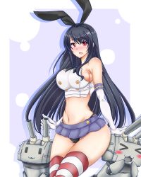 Rule 34 | 1girl, bare shoulders, black hair, black panties, blush, breasts, cameltoe, cosplay, cowboy shot, curvy, elbow gloves, fusou (kancolle), gloves, hairband, highleg, highleg panties, kantai collection, kuon (nokokopopo), large breasts, long hair, looking at viewer, microskirt, navel, open mouth, panties, red eyes, rensouhou-chan, shimakaze (kancolle), shimakaze (kancolle) (cosplay), sideboob, skirt, solo, striped clothes, striped thighhighs, thighhighs, underwear, very long hair, white gloves, wide hips