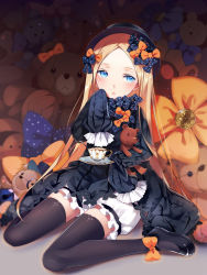 Rule 34 | 1girl, :o, abigail williams (fate), bad id, bad pixiv id, black bow, black dress, black footwear, black hat, black thighhighs, blonde hair, bloomers, blue eyes, blush, bow, bug, butterfly, cup, dress, fate/grand order, fate (series), forehead, full body, hair bow, hat, head tilt, hmniao, holding, holding saucer, hugging object, insect, long hair, long sleeves, looking at viewer, mary janes, orange bow, parted bangs, parted lips, polka dot, polka dot bow, saucer, shoes, sitting, sleeves past wrists, solo, spoon, stuffed animal, stuffed toy, teacup, teddy bear, thighhighs, underwear, very long hair, wariza, white bloomers