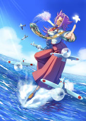 Rule 34 | 10s, 1girl, aircraft, airplane, breasts, cloud, day, giant, giantess, highres, jun&#039;you (kancolle), kantai collection, kawagoe pochi, long hair, long sleeves, medium breasts, open mouth, personification, purple eyes, purple hair, skirt, sky, smile, smoke, solo, translation request, uniform, water