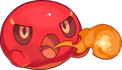 Rule 34 | artist request, breath weapon, breathing fire, colored sclera, fire, full body, hands up, non-web source, official art, open mouth, orange eyes, red blobble (world flipper), red sclera, shiny skin, simple background, slime (creature), transparent background, v-shaped eyebrows, world flipper