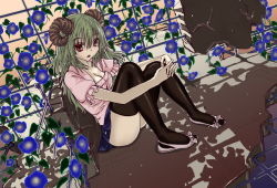 Rule 34 | 1girl, black thighhighs, breasts, cleavage, flower, green hair, horns, kabaji, long hair, open mouth, original, red eyes, shirt, sitting, skirt, solo, thighhighs