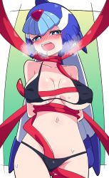 Rule 34 | 1girl, absurdres, arms behind back, bikini, black bikini, blue eyes, blue hair, blue headwear, blush, breasts, buzzlyears, fairy leviathan (mega man), forehead jewel, helmet, highres, large breasts, looking at viewer, mega man (series), mega man zero (series), restrained, saliva, solo, swimsuit, tentacles