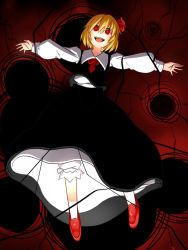 Rule 34 | 1girl, bad id, bad pixiv id, blonde hair, hair ribbon, looking at viewer, open mouth, outstretched arms, red eyes, ribbon, rumia, short hair, solo, touhou, uni (gugurutan)