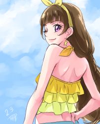 Rule 34 | 1girl, amanogawa kirara, back, backless dress, backless outfit, bare arms, bare back, bare shoulders, blue background, brown hair, chocokin, cloud, cowboy shot, dress, earrings, female focus, go! princess precure, hairband, hand on own hip, jewelry, lips, long hair, looking at viewer, looking back, midriff, one eye closed, precure, purple eyes, shirt, signature, sky, smile, solo, star (symbol), star earrings, wink, yellow shirt