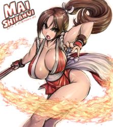 Rule 34 | 1girl, amania orz, blush, breasts, brown eyes, brown hair, center opening, character name, cleavage, collarbone, fatal fury, fire, folded fan, folding fan, hair ornament, hand fan, huge breasts, japanese clothes, long hair, ninja, open mouth, pelvic curtain, ponytail, revealing clothes, shiny skin, shiranui mai, sideboob, simple background, snk, solo, the king of fighters, thighs