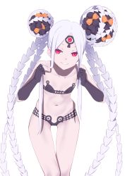 Rule 34 | 1girl, abigail williams (fate), abigail williams (swimsuit foreigner) (fate), abigail williams (swimsuit foreigner) (first ascension) (fate), bare shoulders, bikini, black bikini, black bow, bow, breasts, collarbone, colored skin, double bun, fate/grand order, fate (series), forehead, hair bun, hat, highres, holding, holding own hair, jilu, keyhole, leaning forward, long hair, looking at viewer, micro bikini, multiple bows, navel, orange bow, parted bangs, pink eyes, sidelocks, simple background, slit pupils, small breasts, smile, swimsuit, thighs, third eye, very long hair, white background, white hair, white skin