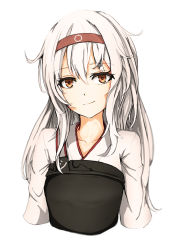 Rule 34 | 10s, 1girl, arms at sides, brown eyes, collarbone, hairband, headband, japanese clothes, kantai collection, long hair, looking at viewer, miko, muneate, north, shoukaku (kancolle), silver hair, simple background, smile, solo, upper body, white background