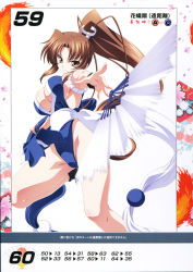 Rule 34 | 1girl, alternate color, bare shoulders, breasts, brown eyes, brown hair, cleavage, fatal fury, hand fan, highres, izumi mahiru, large breasts, long hair, looking at viewer, ninja, non-web source, official art, pelvic curtain, ponytail, queen&#039;s blade, queen&#039;s gate, revealing clothes, scan, shiranui mai, simple background, solo, the king of fighters