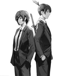 Rule 34 | 1boy, 1girl, chainsaw man, closed mouth, collared shirt, commentary request, earrings, eyepatch, formal, greyscale, hand in pocket, hayakawa aki, highres, himeno (chainsaw man), jacket, jewelry, kuza brs, long sleeves, looking to the side, monochrome, necktie, open clothes, open jacket, pants, shirt, shirt tucked in, short hair, simple background, standing, stud earrings, suit, sword, topknot, upper body, weapon, weapon on back, white background