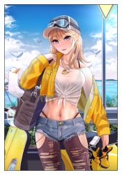 Rule 34 | 1girl, animal, baseball cap, bird, blonde hair, blue eyes, bra strap, breasts, brown pantyhose, cloud, cowboy shot, crop top, cutoffs, day, denim, denim shorts, earrings, front-tie top, goggles, goggles on headwear, hat, highleg, highres, holding, holding shoes, jacket, jewelry, long hair, long sleeves, looking at viewer, medium breasts, midriff, motor vehicle, navel, necklace, ocean, off shoulder, open clothes, open jacket, open mouth, original, outdoors, pantyhose, scooter, seagull, shirt, shoes, short shorts, shorts, sign, skindentation, sky, sneakers, solo, standing, stomach, stud earrings, torn clothes, torn pantyhose, torn shorts, turisasu, white shirt, yellow jacket
