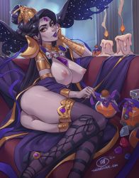 Rule 34 | 1girl, 2020, alcohol, armlet, armor, ass, between breasts, black hair, boots, bottle, breasts, breasts out, candle, commentary, commission, cross-laced footwear, earrings, english commentary, floating hair, forehead jewel, full body, gauntlets, gem, gift wrapping, hades (series), hades 1, hair bun, headdress, jewelry, knee boots, lace-up boots, large breasts, lipstick, long hair, looking at viewer, lying, makeup, mature female, nipples, no panties, nyx (hades), on side, pale skin, pauldrons, purple lips, pussy, reclining, see-through, see-through legwear, shoulder armor, single gauntlet, single hair bun, solo, thick eyebrows, thick thighs, thighhighs, thighs, twisted torso, voidwave, watermark, web address, yellow eyes