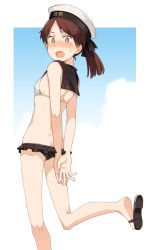 Rule 34 | 1girl, adapted costume, ass, bare arms, bare legs, bare shoulders, bikini, bikini skirt, black ribbon, blush, breasts, brown eyes, brown hair, butt crack, covering ass, covering privates, dimples of venus, embarrassed, from behind, full body, hair ribbon, hat, kantai collection, looking at viewer, looking back, low twintails, nose blush, open mouth, ribbon, sailor bikini, sailor collar, sailor hat, sakura (medilore), sandals, shikinami (kancolle), shikinami kai ni (kancolle), short hair, simple background, small breasts, soles, solo, standing, standing on one leg, sweat, sweatdrop, swimsuit, twintails, white bikini, white hat