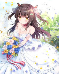 Rule 34 | 1girl, bad id, bad pixiv id, blue flower, blue rose, blurry, blurry background, blush, bouquet, breasts, brown eyes, brown hair, cleavage, closed mouth, commentary request, copyright request, day, depth of field, dress, flower, frilled dress, frills, headgear, highres, holding, holding bouquet, long hair, looking at viewer, masayo (gin no ame), medium breasts, outdoors, petals, pink flower, pink rose, rose, see-through, smile, solo, strapless, strapless dress, two side up, very long hair, virtual youtuber, wedding dress, white dress, yellow eyes, yellow flower, yellow rose