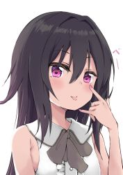 Rule 34 | 1girl, :p, \m/, amano kouki, bare shoulders, black hair, blush, bow, center frills, closed mouth, collared shirt, commentary request, frills, grey bow, hair between eyes, hand up, highres, long hair, nail polish, note-chan, original, purple eyes, purple nails, shirt, simple background, sleeveless, sleeveless shirt, smile, solo, tongue, tongue out, upper body, very long hair, white background, white shirt