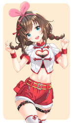Rule 34 | :d, bad id, bad pixiv id, belt, belt buckle, blue eyes, braid, breasts, brown background, brown hair, buckle, cleavage, cleavage cutout, clothing cutout, commentary request, fingernails, hair ribbon, hairband, hands up, head tilt, heart, highres, kizuna ai (chinese), kizuna ai inc., medium breasts, midriff, navel, open mouth, pink hairband, pink ribbon, red belt, red shorts, ribbon, round teeth, shiosoda, shirt, short shorts, short sleeves, shorts, smile, solo, teeth, thighhighs, twin braids, two-tone background, upper teeth only, virtual youtuber, white background, white shirt, white thighhighs, wrist cuffs