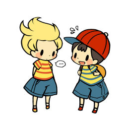 Rule 34 | ..., 2boys, arms behind back, backpack, bag, black hair, blonde hair, blue shorts, blush stickers, brown bag, full body, hitofutarai, looking at another, lucas (mother 3), male focus, mother (game), mother 2, mother 3, multiple boys, ness (mother 2), nintendo, red footwear, shirt, short hair, short sleeves, shorts, sideways hat, socks, solid oval eyes, spoken ellipsis, striped clothes, striped shirt, white background, white socks