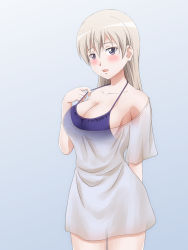 Rule 34 | 1girl, bare shoulders, bikini, blue background, blue bikini, blue eyes, blush, breasts, collarbone, eila ilmatar juutilainen, hiro yoshinaka, large breasts, long hair, looking at viewer, open mouth, see-through, shiny skin, shirt, simple background, solo, standing, strike witches, swimsuit, white hair, white shirt, world witches series